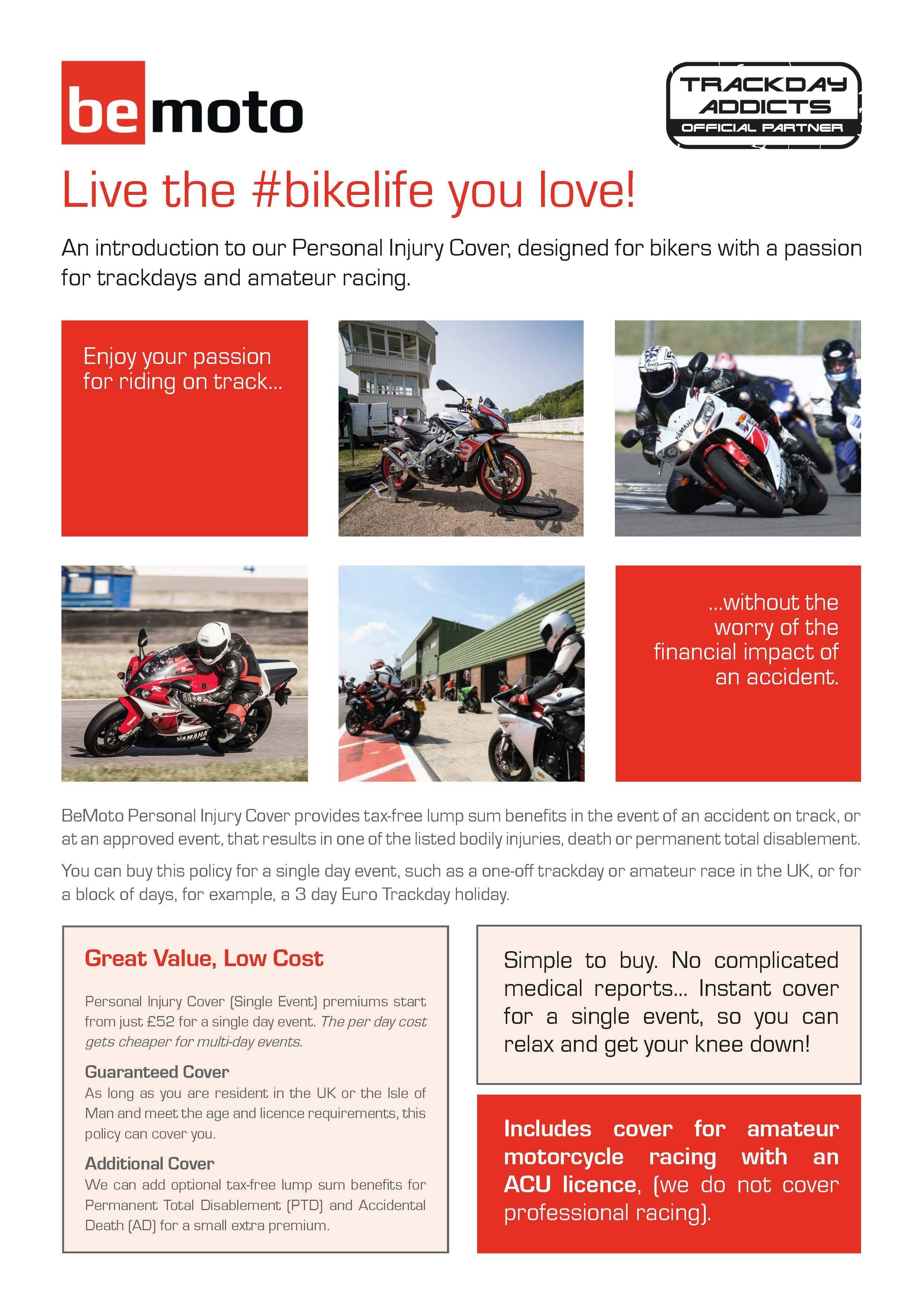 Infographic and product guide to BeMoto Personal Injury Cover