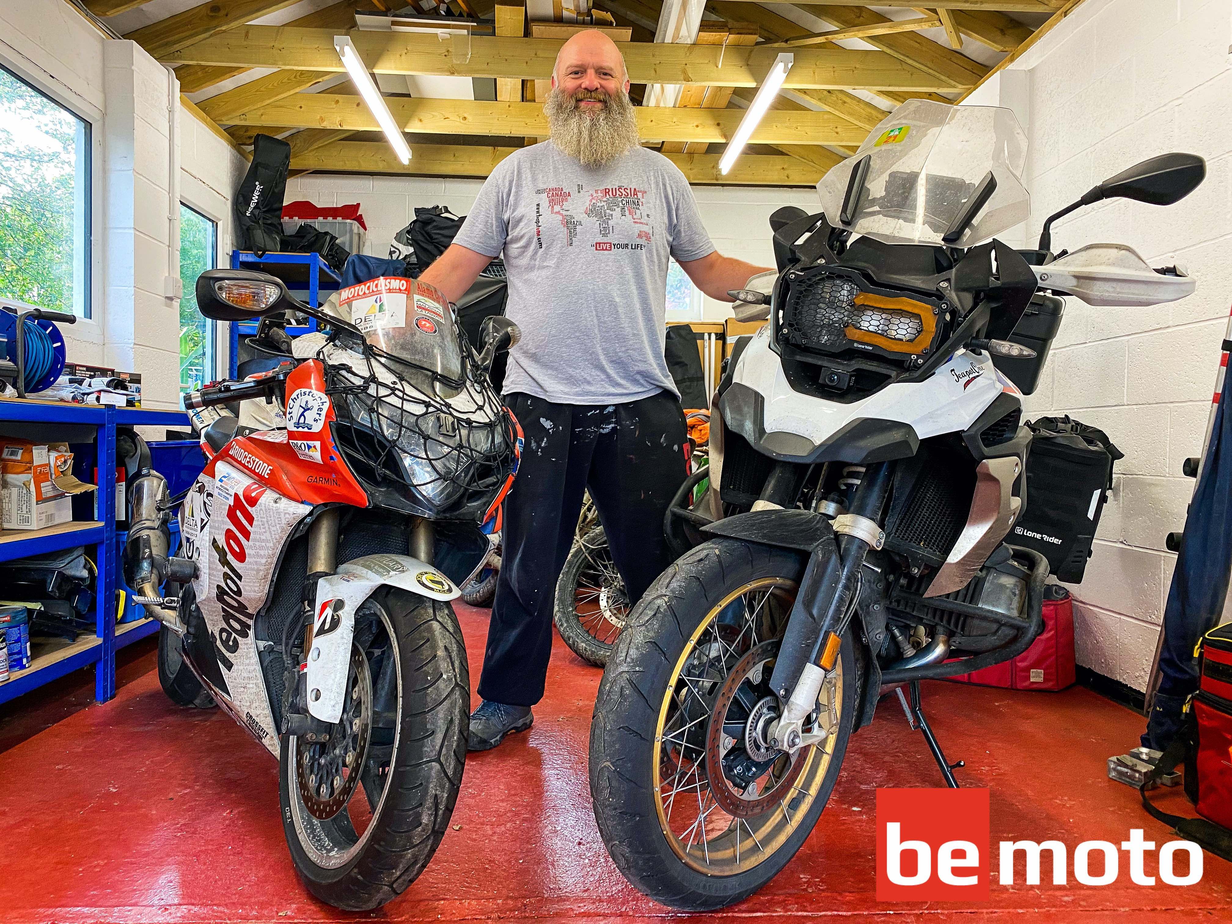 Bruce Smart TeaPotOne in his garage with GSX-R1000 and BMW R1250GS