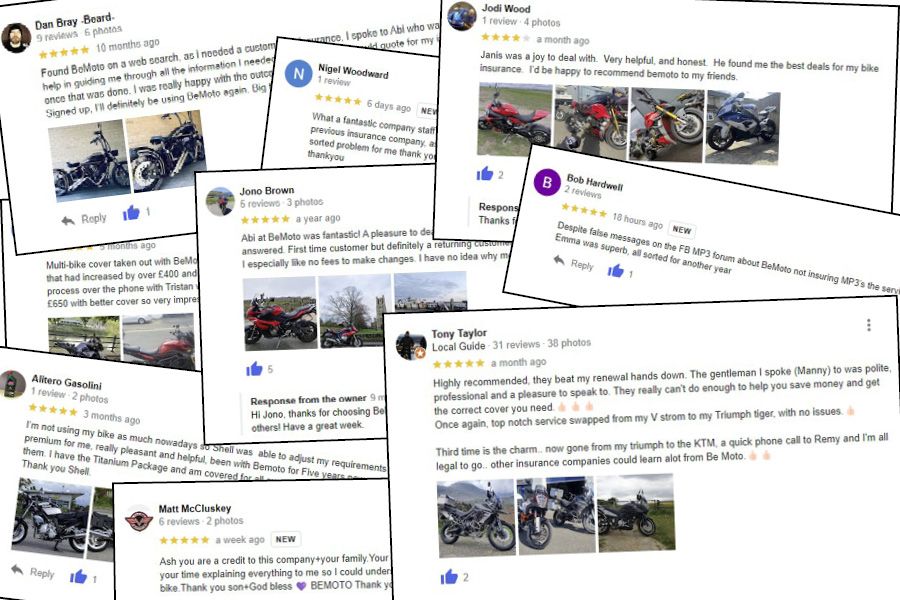 Collage of various BeMoto Insurance reviews and comments by customers
