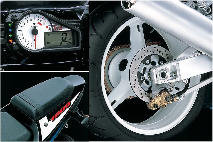 Suzuki GSX-R1000 K1 close up look at the clocks, seat and white wheels