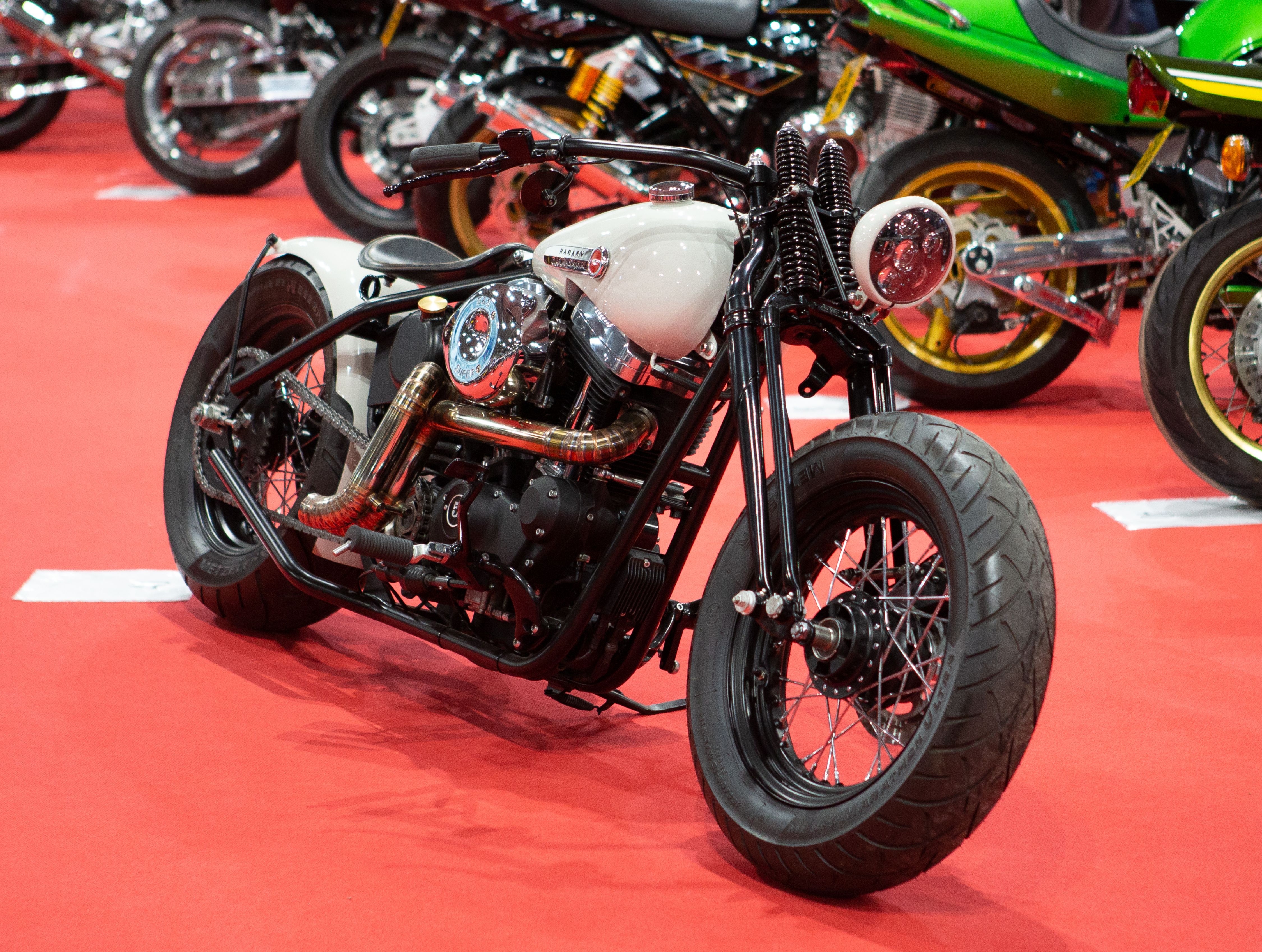 Custom motorbike at the 2022 Scottish Motorcycle Show springer front end
