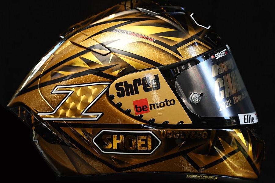 BeMoto logo on Davey Todd 2022 Superstock Gold Helmet by Shoei