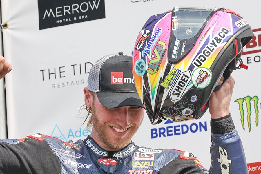 Davey Todd North West 200 podium 2023 wearing BeMoto Insurance hat