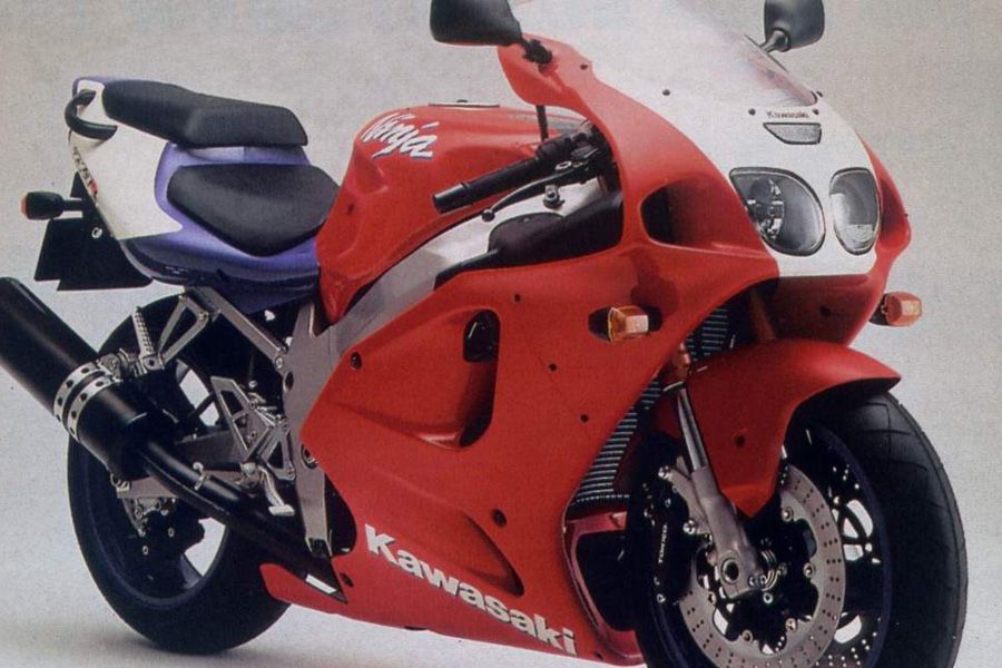 Future Classic Kawasaki ZX-7R 1996 side on static red purple