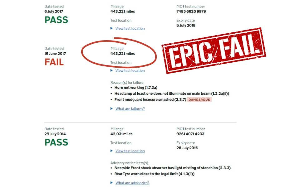 Screenshot of the MOT Fail in 2017 showing 432,221 miles in error