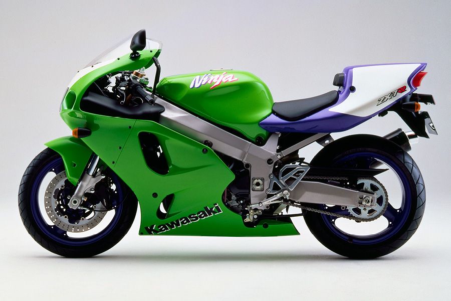 Future Classic Kawasaki ZX-7RR N1 1996 side on static green purple