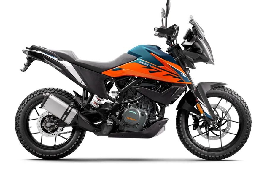 KTM 390 ADVENTURE 2023 blue and orange colours cast wheels studio exhaust side static