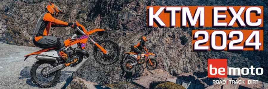 BeMoto Headline banner: 2024 KTM EXC dirt bike launching off a ledge