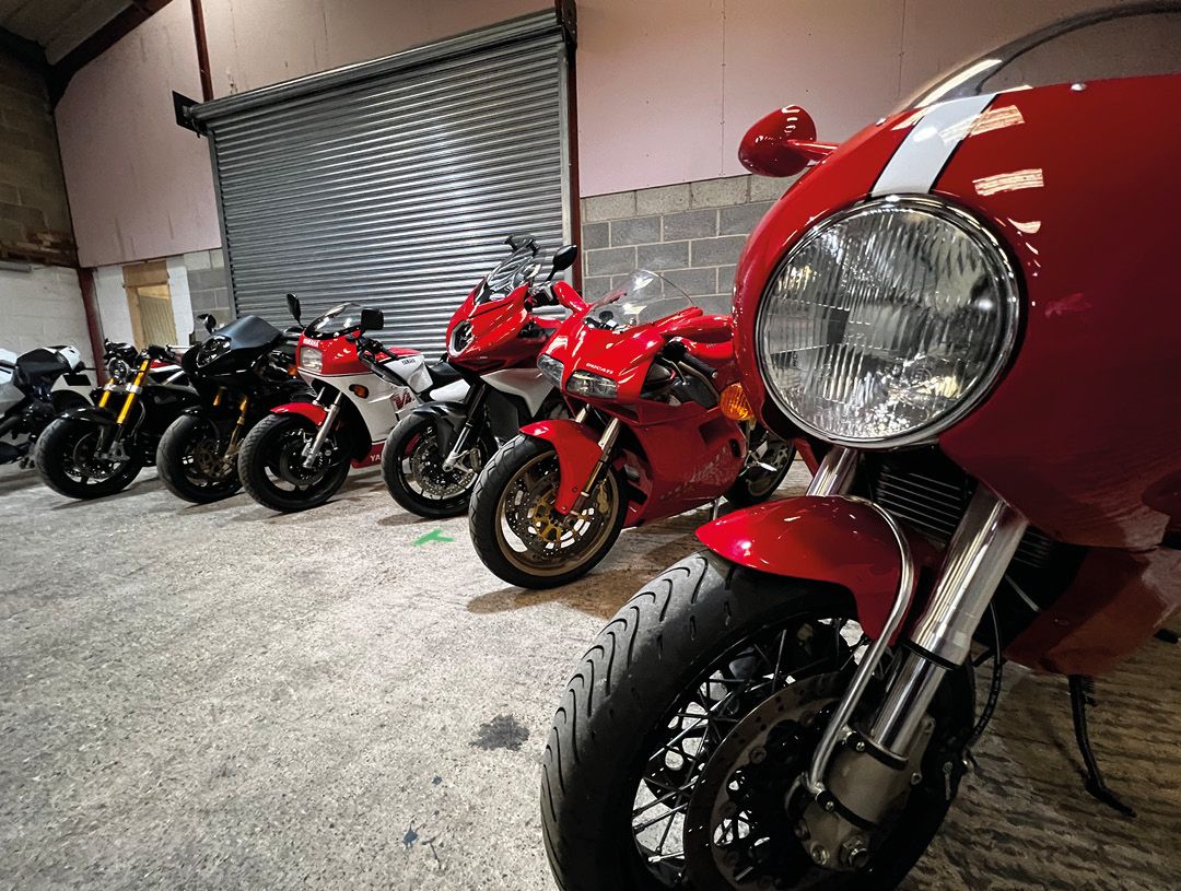 Matt Birds Multibike Garage with motorcycles lined up