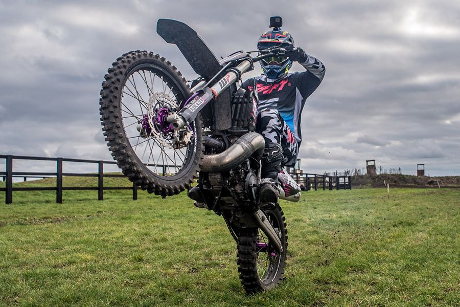 Ed Bradley from DMP wheelie on the 700cc Megalodon motocross bike