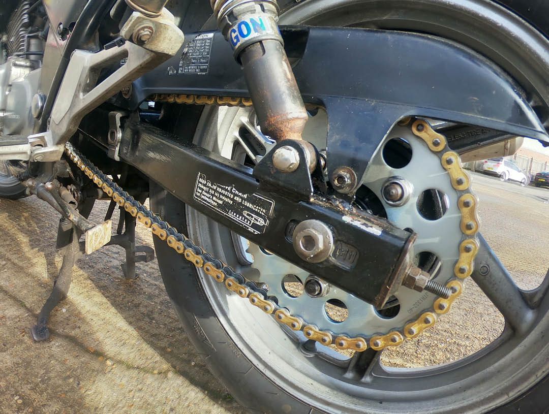 Chain and sprockets on a CB500 motorcycle