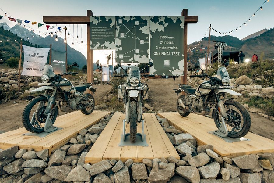 Three Royal Enfield Himalayan Motorcycles on plinths