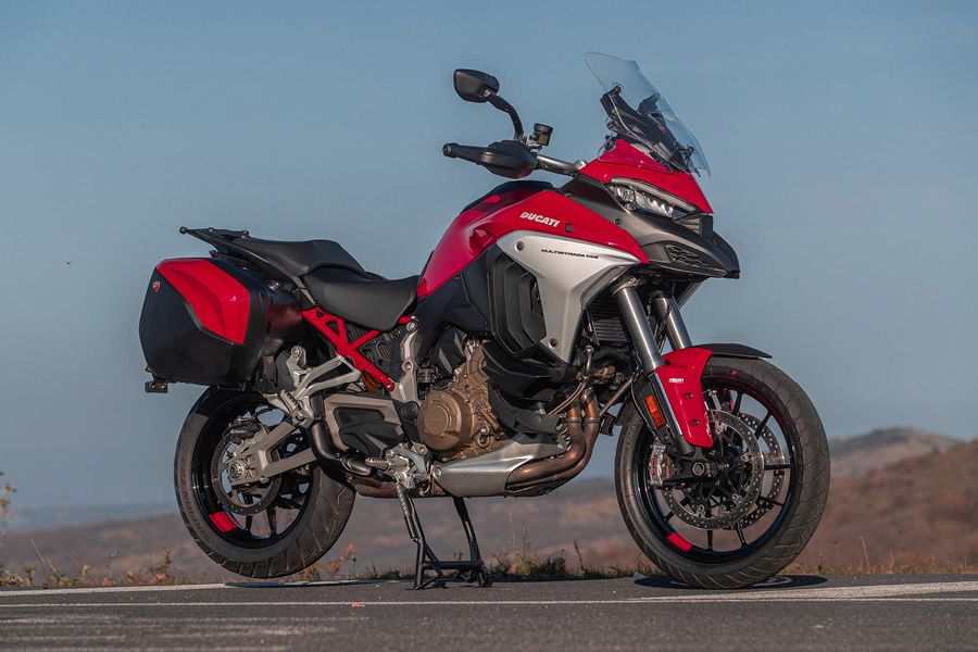 New 2021 red Ducati Multistrada on centre stand