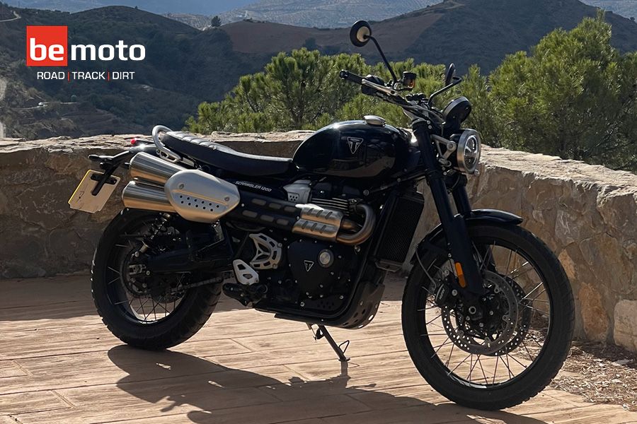 Triumph Scrambler 1200 in black against mountain background