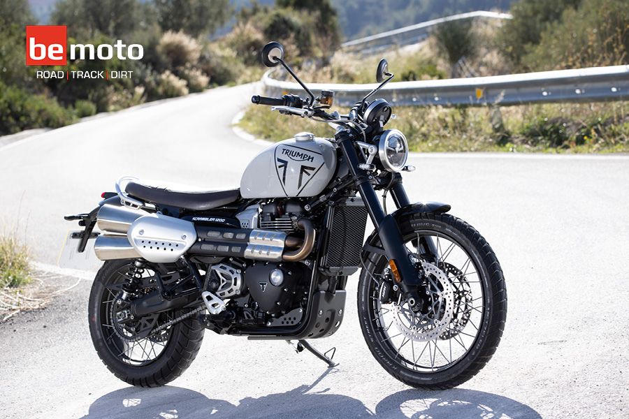 Triumph Scrambler 1200 in Grey parked on road