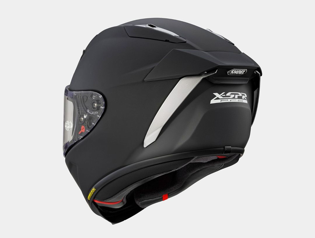 Shoei X-SPR Pro helmet in black rear view