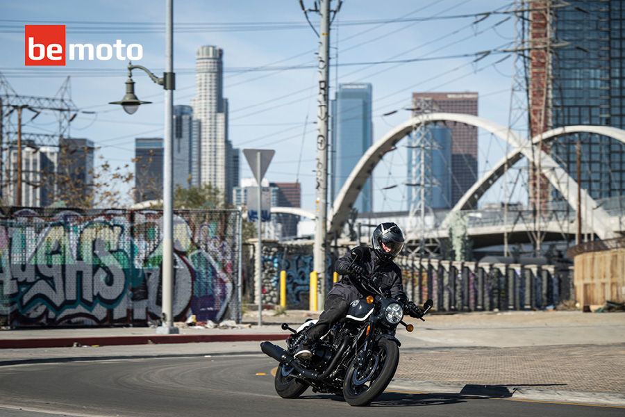 Royal Enfield Shotgun 650 motorcycle being ridden in Downtown LA