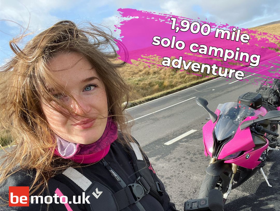 R2Liz with her pink BMW S1000RR on a camping tour