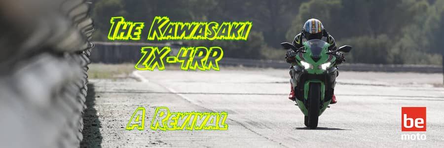 Banner image with text The Kawasaki ZX-4RR: A Revival and picture of a green Kawasaki ZX-4RR on a track