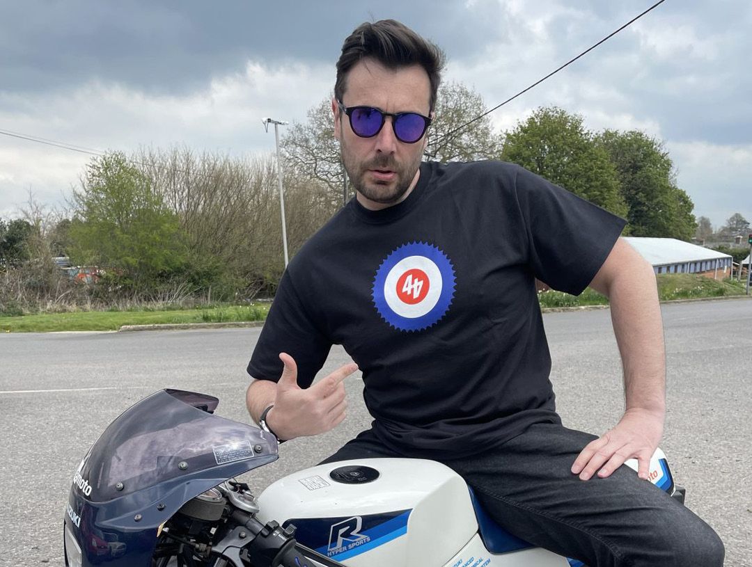 Chris Eades posing in his 44Teeth Tee Shirt on the BeMoto RB50 gag bike