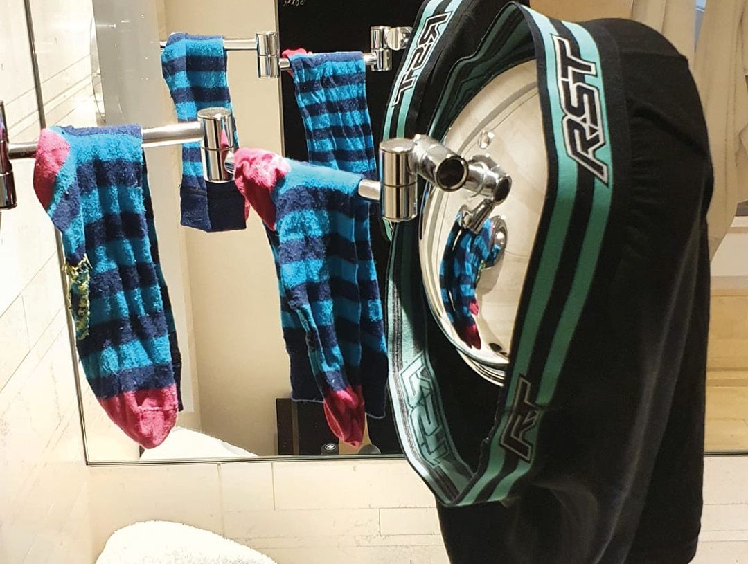 BVG pants and socks drying after a hand wash on tour