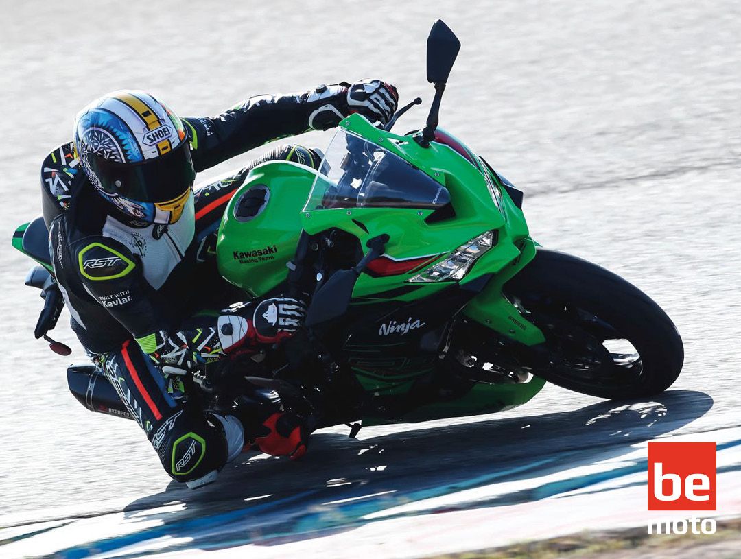 The Kawasaki ZX-4RR being ridden around a tight corner