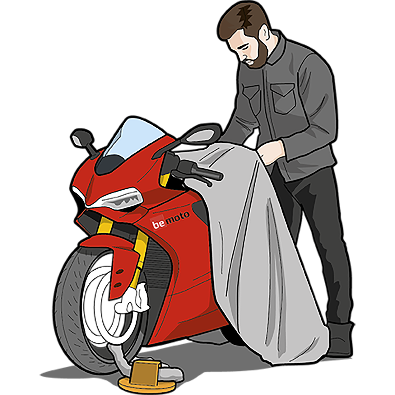 An illustration of a man putting a blanket over his motorbike.