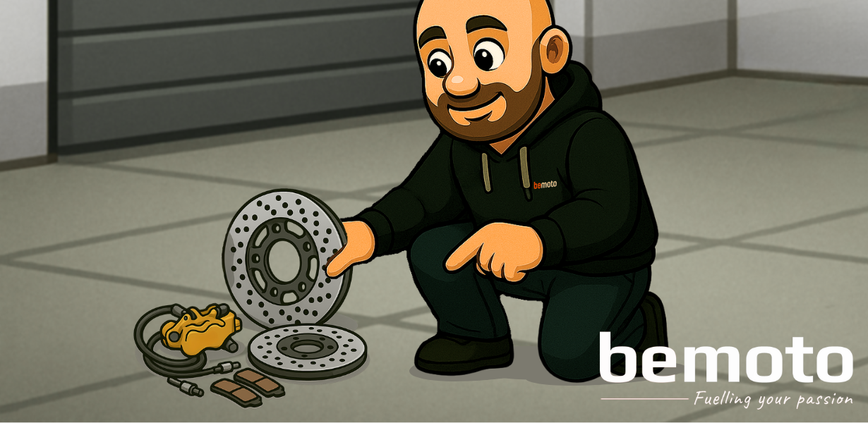 Cartoon-style illustration of Spanners, the BeMoto mechanic, in a black BeMoto hoodie, kneeling on a garage floor and pointing towards motorbike brake maintenance parts. In front of him are two ventilated brake discs, a gold brake caliper with hose, and a pair of brake pads. The Bemoto logo and tagline “Fuelling your passion” are displayed in the bottom right corner.