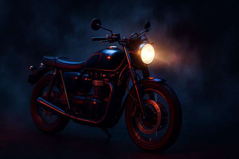 A classic black motorbike with its headlight on, illuminated dramatically against a dark, smoky background with red and blue ambient lighting.