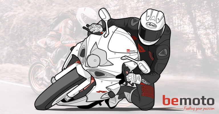 Illustrated motorcyclist in full gear cornering on a sportbike with BeMoto branding, promoting the BeMoto Race Calendar.