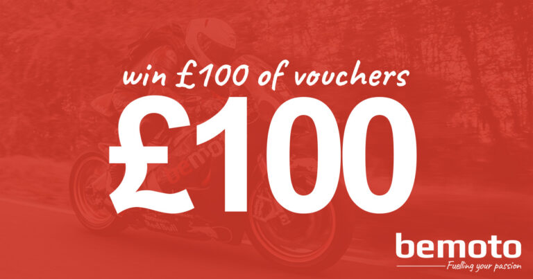 A large promotional banner with a semi transparent background of a motorcycle and rider with large, white text in the foreground reading: "Win £100 of Vouchers".