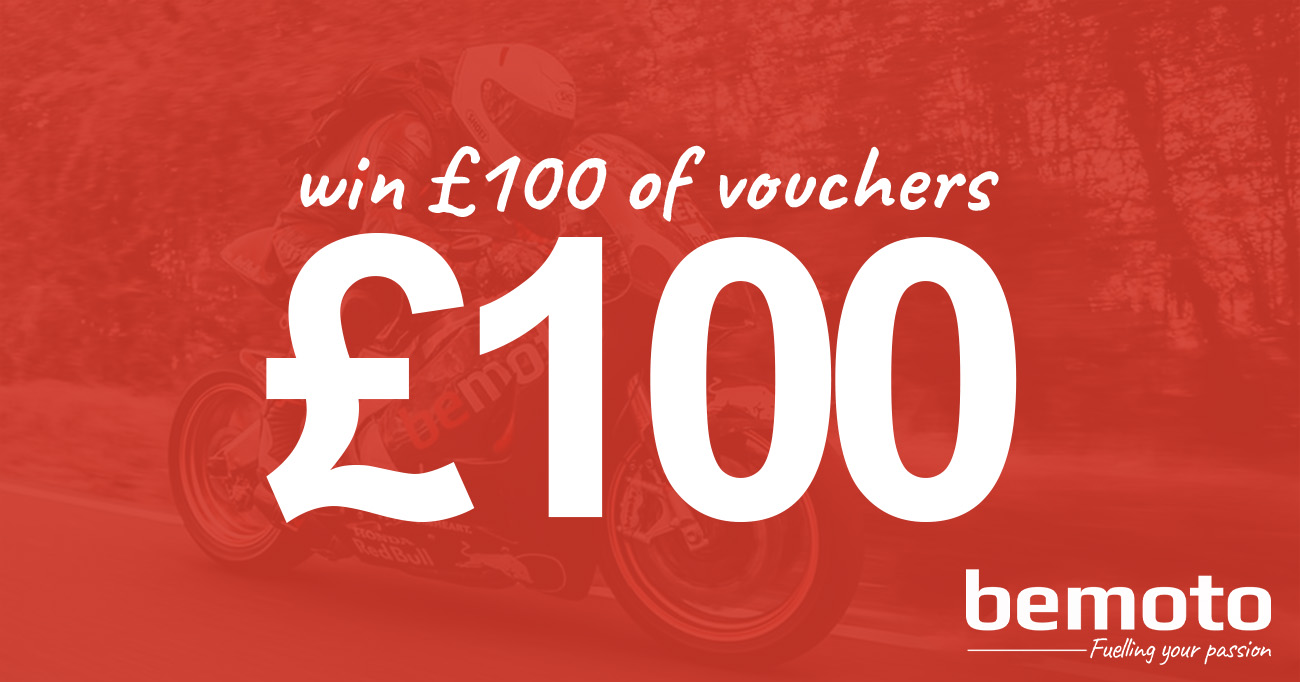 A large promotional banner with a semi transparent background of a motorcycle and rider with large, white text in the foreground reading: "Win £100 of Vouchers".