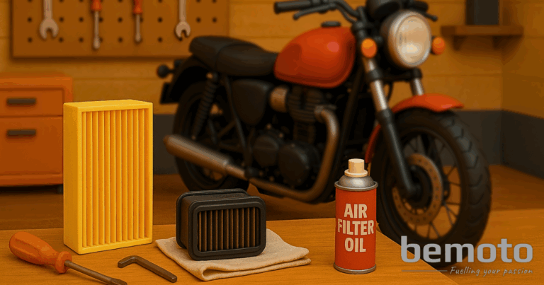 3D cartoon-style illustration of a red and black motorcycle in a home garage setting. The bike is positioned on a wooden workbench with tools, a clean and used air filter, and a can of air filter oil in the foreground. The background features wall-mounted tools and storage cabinets, with warm lighting and subtle depth of field for a realistic DIY maintenance scene.