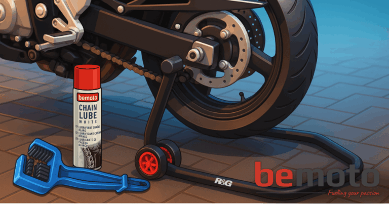 3D cartoon-style illustration of a motorcycle’s rear wheel on a paddock stand, with a blue chain cleaning brush and a can of BeMoto-branded chain lube placed on the ground. The image is branded with the BeMoto logo and tagline “Fuelling your passion” in the bottom right corner.