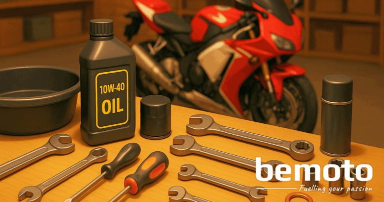 A realistic cartoon image of a motorbike maintenance workbench with tools including spanners, screwdrivers, a ratchet, sockets, a black oil drain pan, a bottle labelled “10W-40 Oil,” a motorcycle oil filter, and two copper washers. In the background, a red and white sports bike is softly blurred inside a garage with warm ambient lighting.