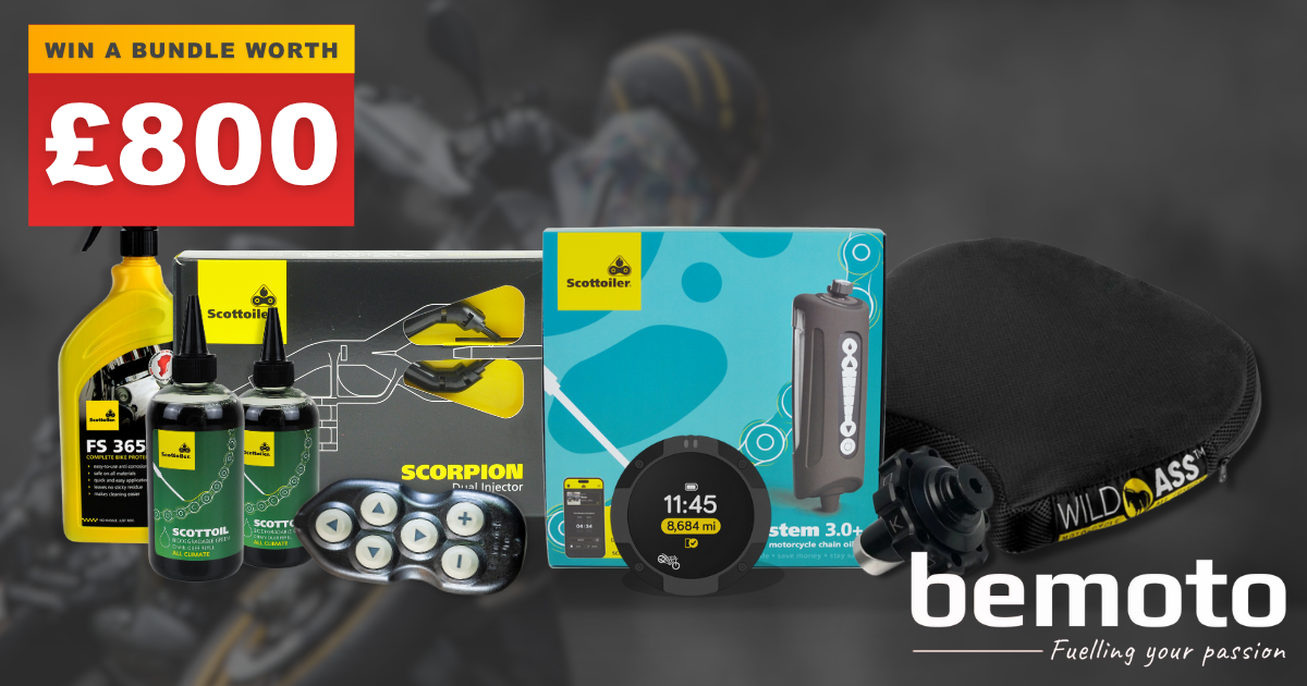 Promotional image for a BeMoto giveaway featuring a motorbike touring bundle worth £800. Products include Scottoiler FS 365 cleaner, chain oil, Scorpion dual injector kit, eSystem 3.0 electronic chain oiler, Beeline Moto II navigation system, and a Wild Ass motorcycle seat cushion. The BeMoto logo and slogan 'Fuelling your passion' are displayed in the bottom right corner.