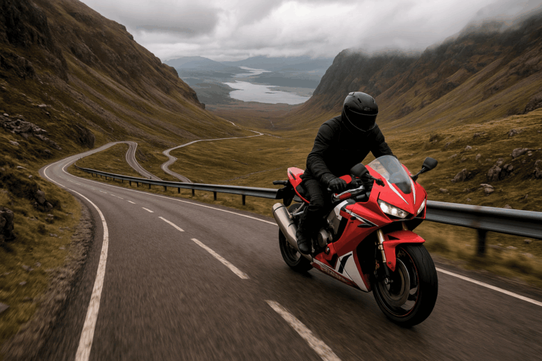 A motorcyclist riding a red Honda Fireblade along a dramatic, winding mountain pass under overcast skies, with a loch visible in the distance.
