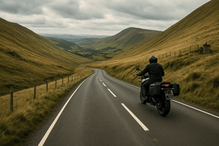 A motorcyclist rides up the Black Mountain Pass in Wales on a touring bike with panniers, cutting through steep green valleys under overcast skies. A "BE MOTO" registration plate is clearly visible.