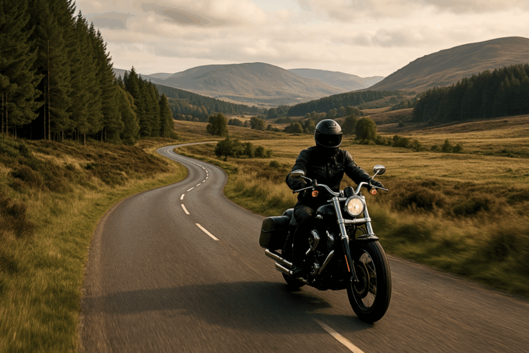 A lone rider cruising a black Harley-style motorcycle through open countryside and forests, following a gently curving road beneath a cloudy sky.