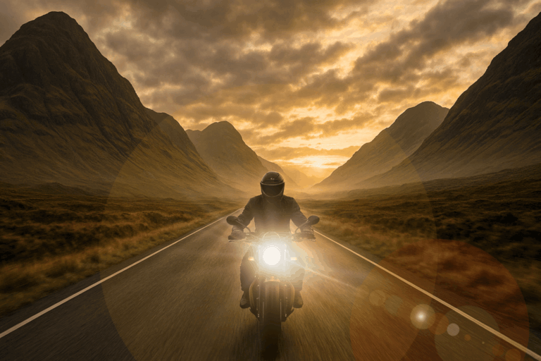 A silhouette of a motorbike rider heading directly into a golden sunset along a straight road through the dramatic Glencoe valley.