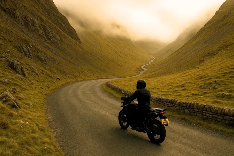 A motorcyclist on a black bike with a "BEMOTO" registration plate rides slowly along the winding road through Honister Pass in the Lake District. Steep, grassy and rocky slopes rise on both sides of the narrow tarmac road, with a dry-stone wall lining the edge. Low clouds cling to the hills in the distance, and the soft golden light creates a dramatic yet peaceful late afternoon atmosphere.