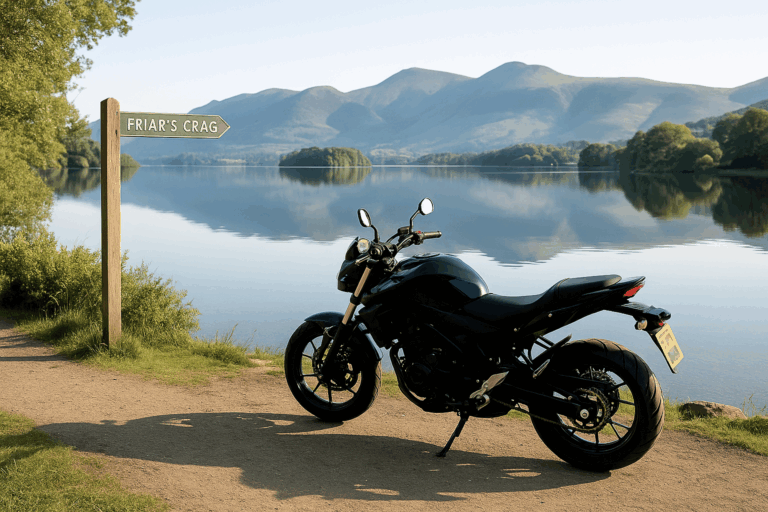 A black motorbike is parked on a dirt path beside Derwentwater in the Lake District. The calm lake reflects the surrounding fells and trees in the soft morning light. To the left, a wooden signpost points towards "FRIAR’S CRAG," adding a touch of local character to the peaceful and scenic setting.
