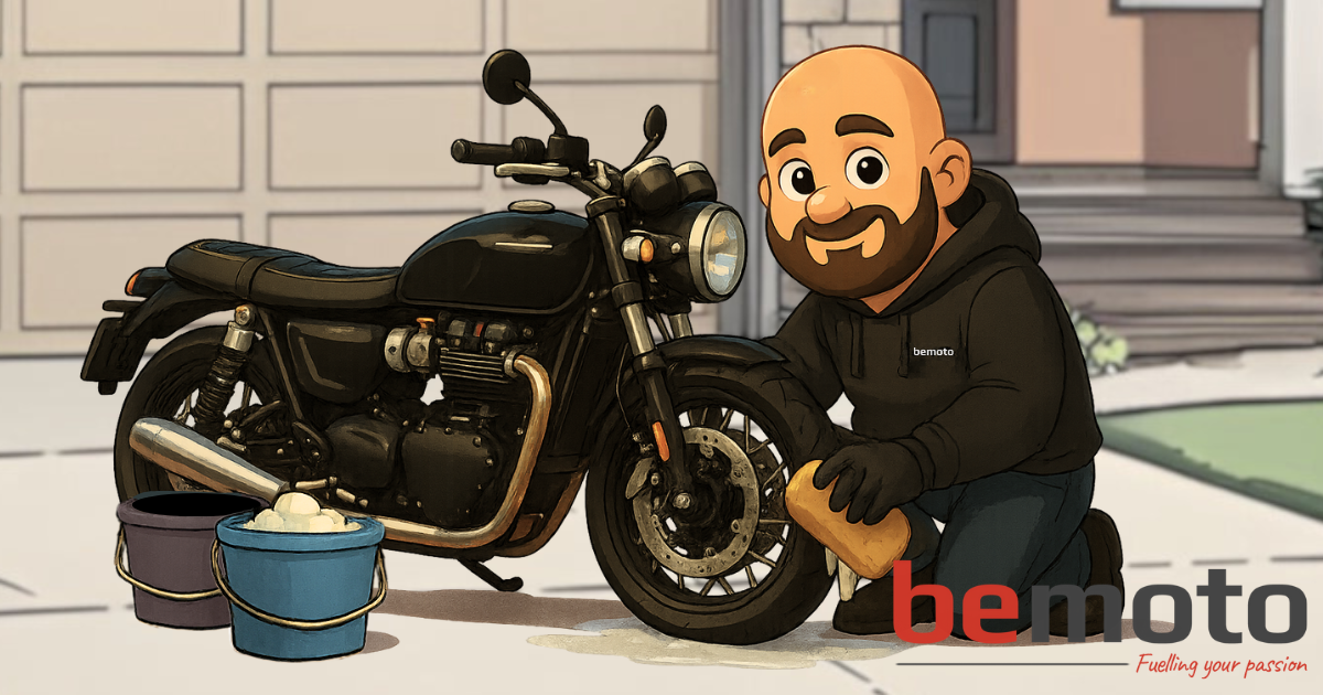 Cartoon-style illustration of Spanners, the BeMoto mechanic, wearing a black BeMoto hoodie and gloves, kneeling on a driveway while demonstrating how to clean a motorbike properly by using a sponge and the two bucket method. The background shows a residential garage and front steps on a sunny day, with the BeMoto logo and tagline: “Fuelling your passion” at the bottom right.