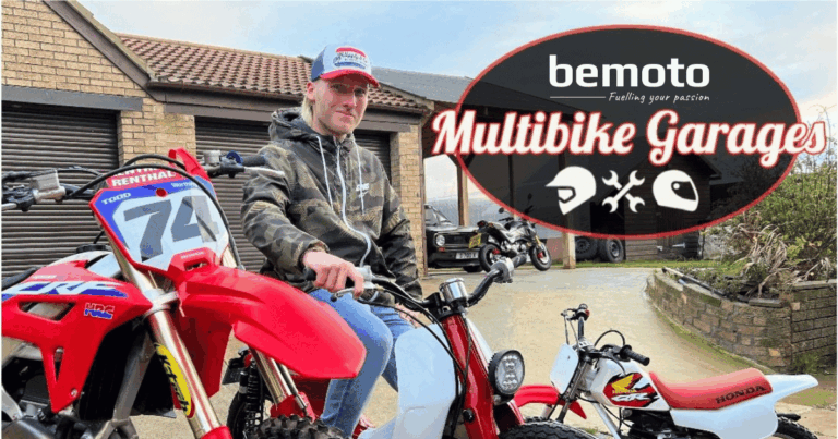 Davey Todd sat outside his garage with three Honda motorbikes: a CRF motocross bike, a red-and-white classic scrambler, and a mini dirt bike. BeMoto Multibike Garages logo displayed in the top right corner.
