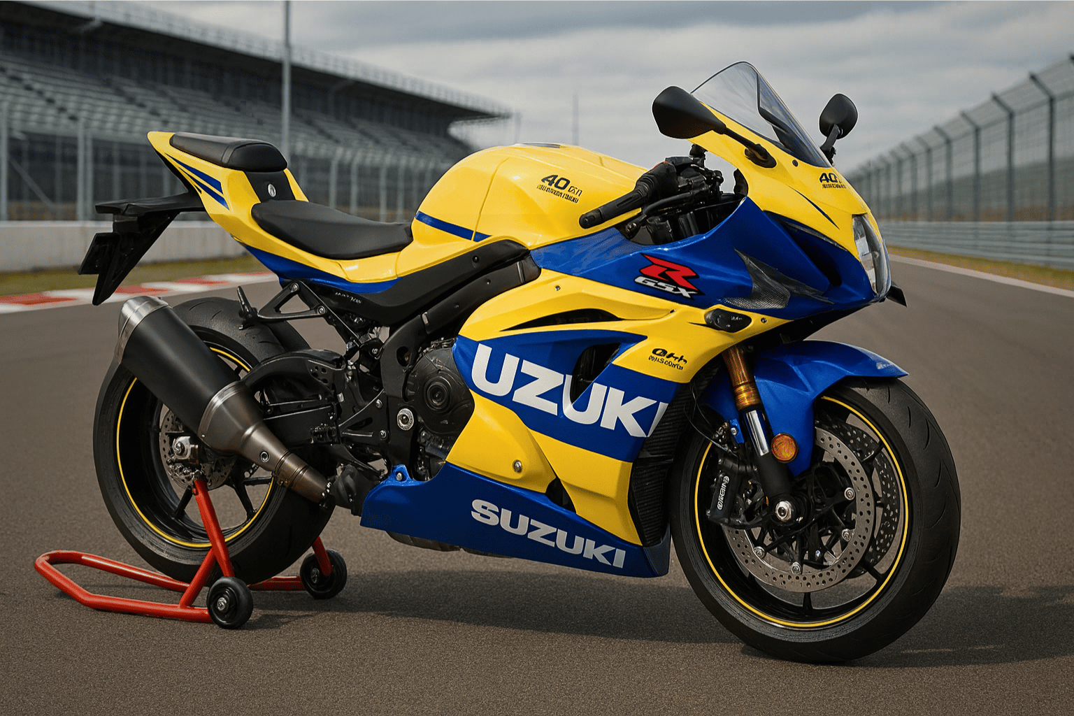 A high-resolution 3D render of the New Suzuki GSX-R1000R 40th Anniversary Edition in Pearl Ignite Yellow and Stellar Blue, featuring official anniversary decals. The bike is positioned on a paddock stand at a race circuit, showcasing its aerodynamic bodywork and performance components.