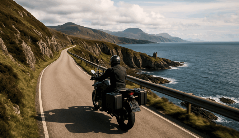 A motorcyclist on a touring bike with panniers travelling a winding coastal road overlooking a bright blue sea and distant rolling hills.