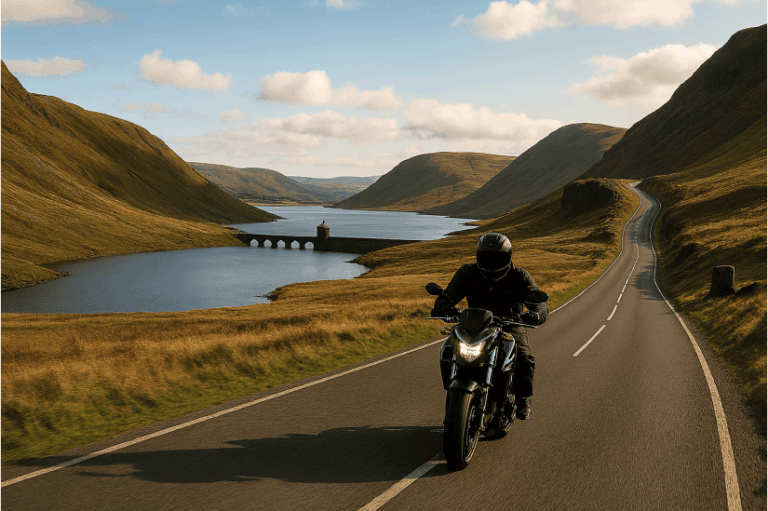 A motorcyclist on a sport touring bike ascends a winding road through the Elan Valley in Wales, with a lake and arched dam in the background under dramatic late-afternoon light.