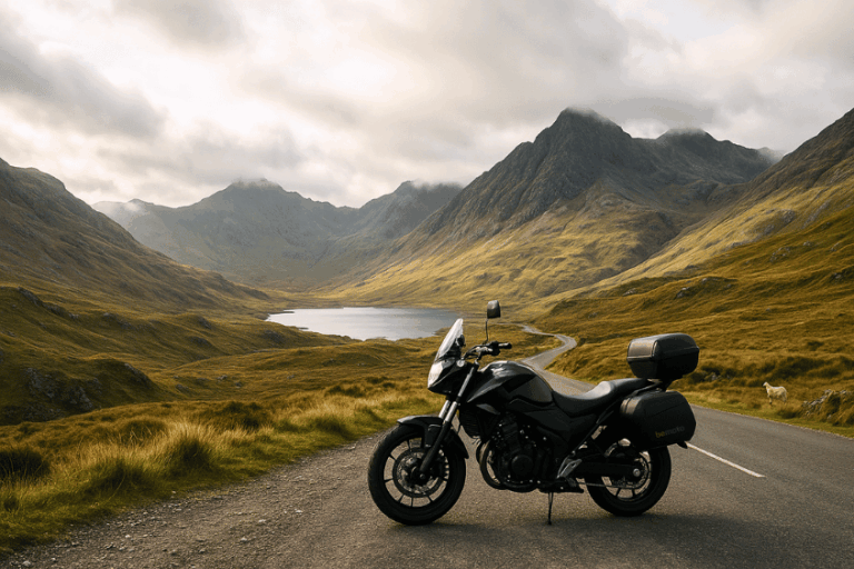 A black touring motorbike parked on a remote roadside overlooking a tranquil lake surrounded by jagged mountain peaks in Snowdonia National Park under a moody sky.