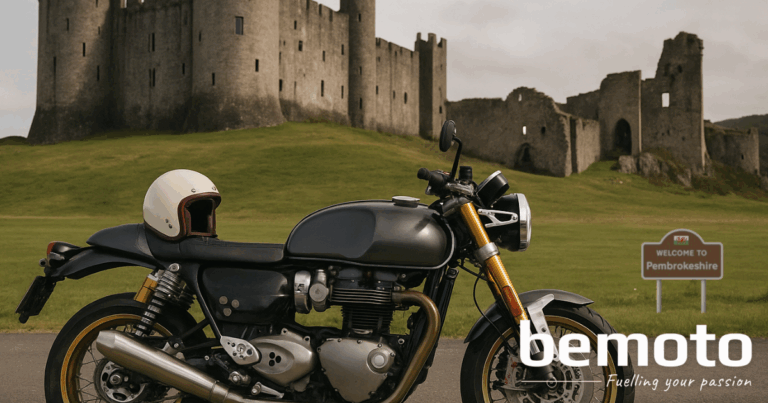 A Triumph Thruxton 1200 motorbike with a retro helmet parked in front of a historic Pembrokeshire castle ruin, with a “Welcome to Pembrokeshire” sign and BeMoto branding in the foreground.