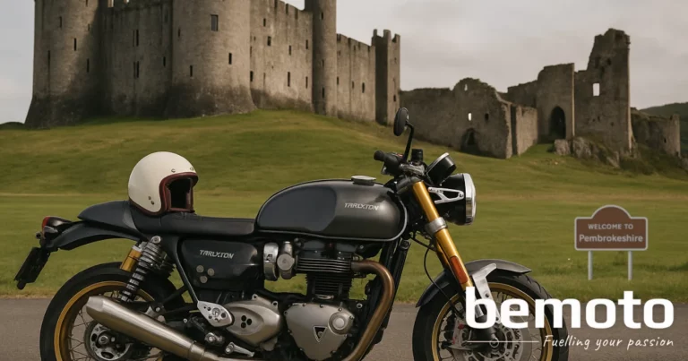 Classic motorbike parked near historic castle in Pembrokeshire, Wales on scenic riding route.